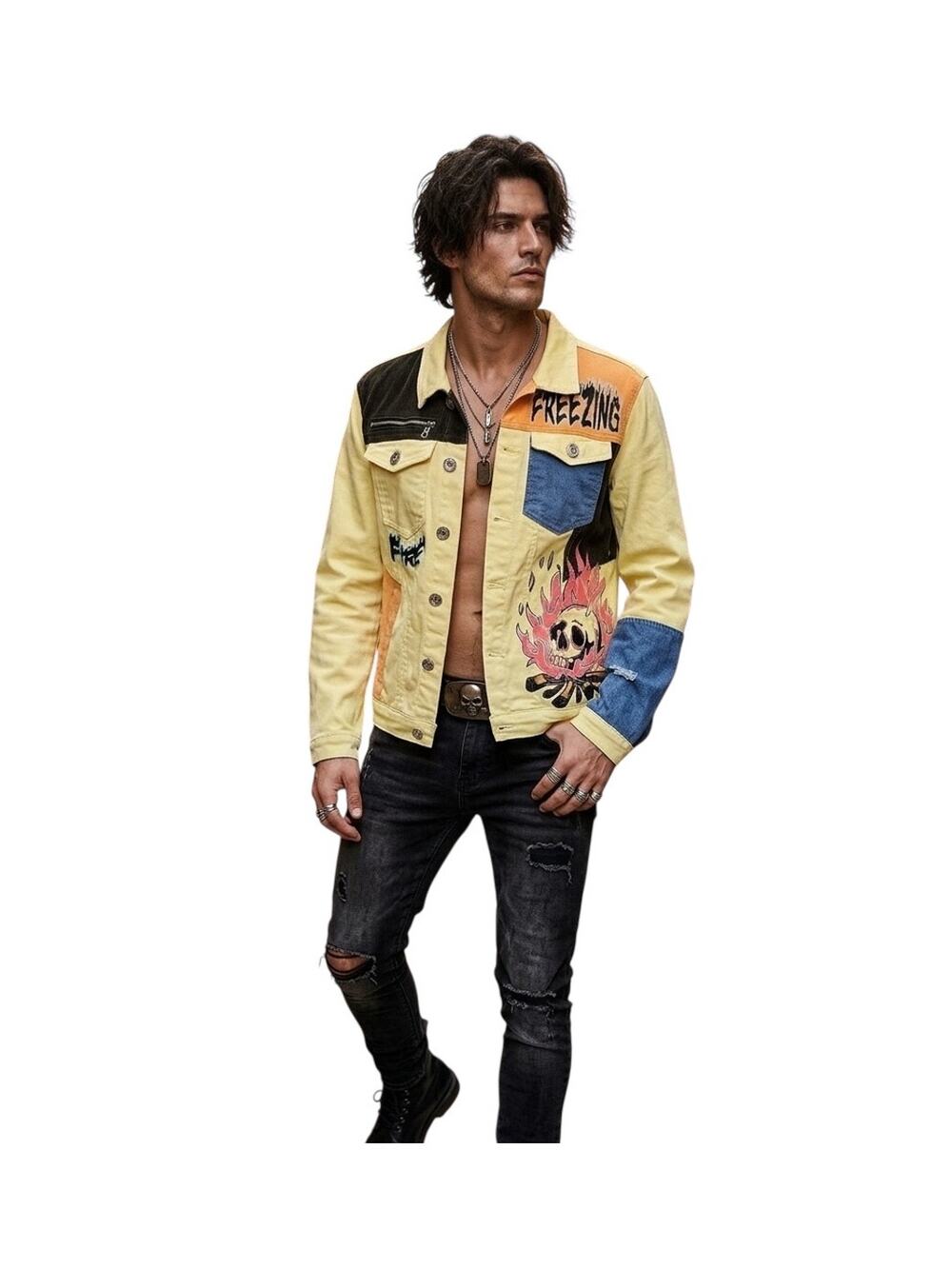 Genuine Authentic Yellow Denim Jacket Skull Fire Freezing Men's Small